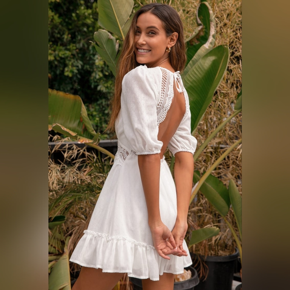 Lulu's White Ruched Puff Sleeve Mini Dress - Picture 4 of 7